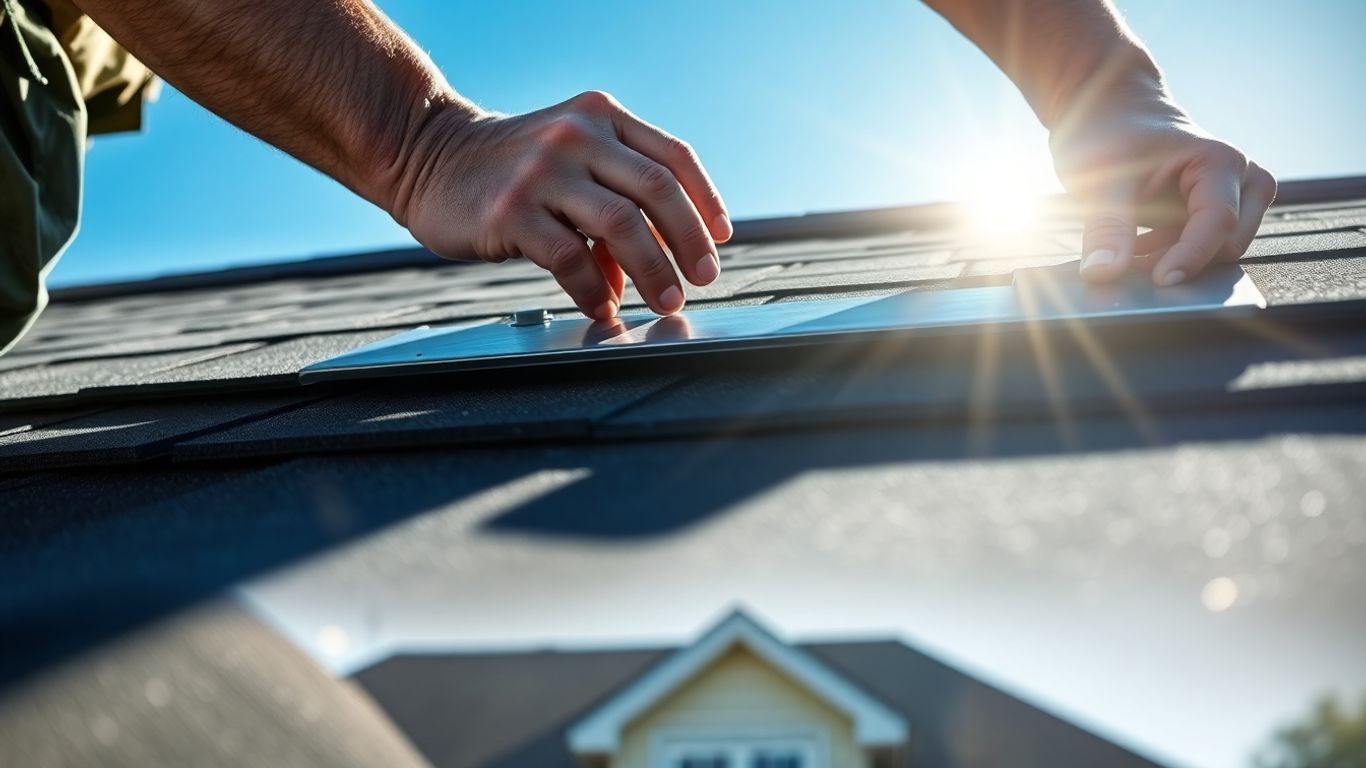 Roofer installing shingles on a house.
