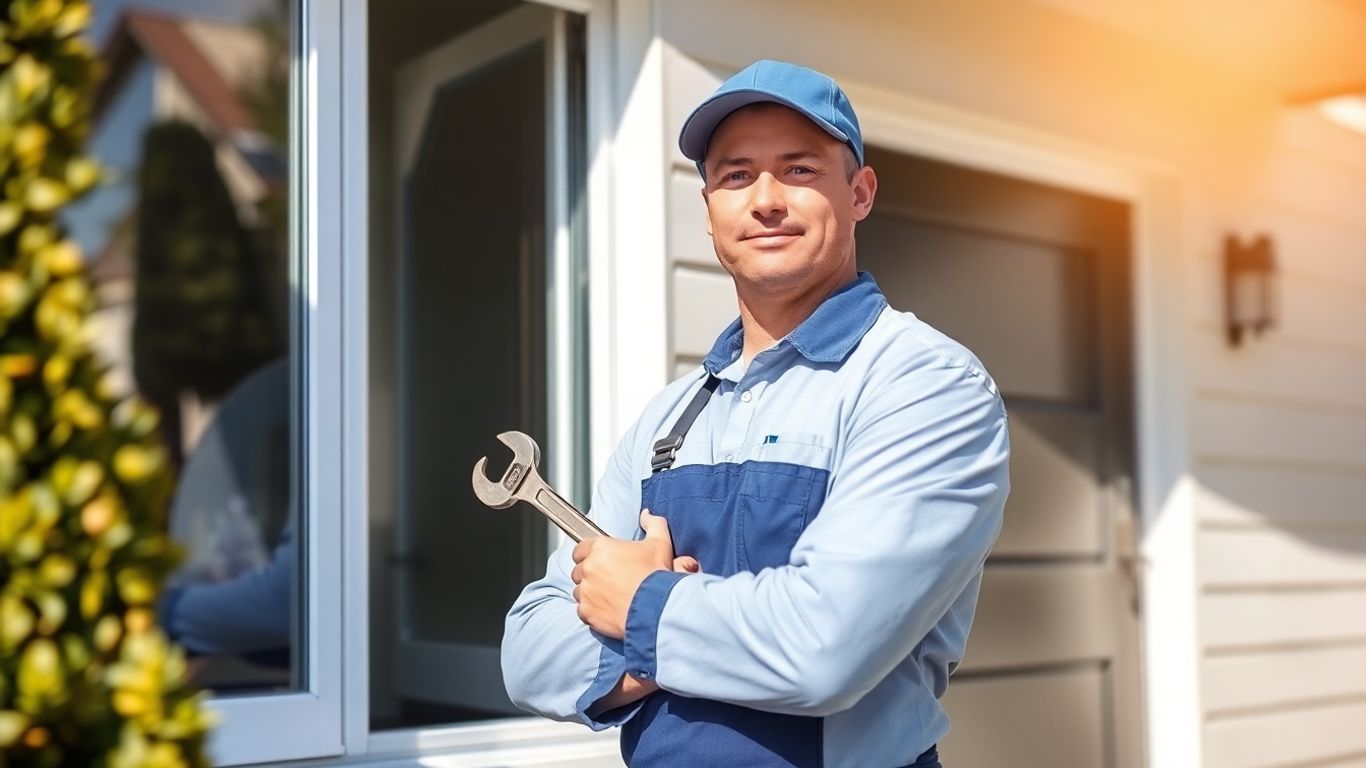 Plumber with wrench near house