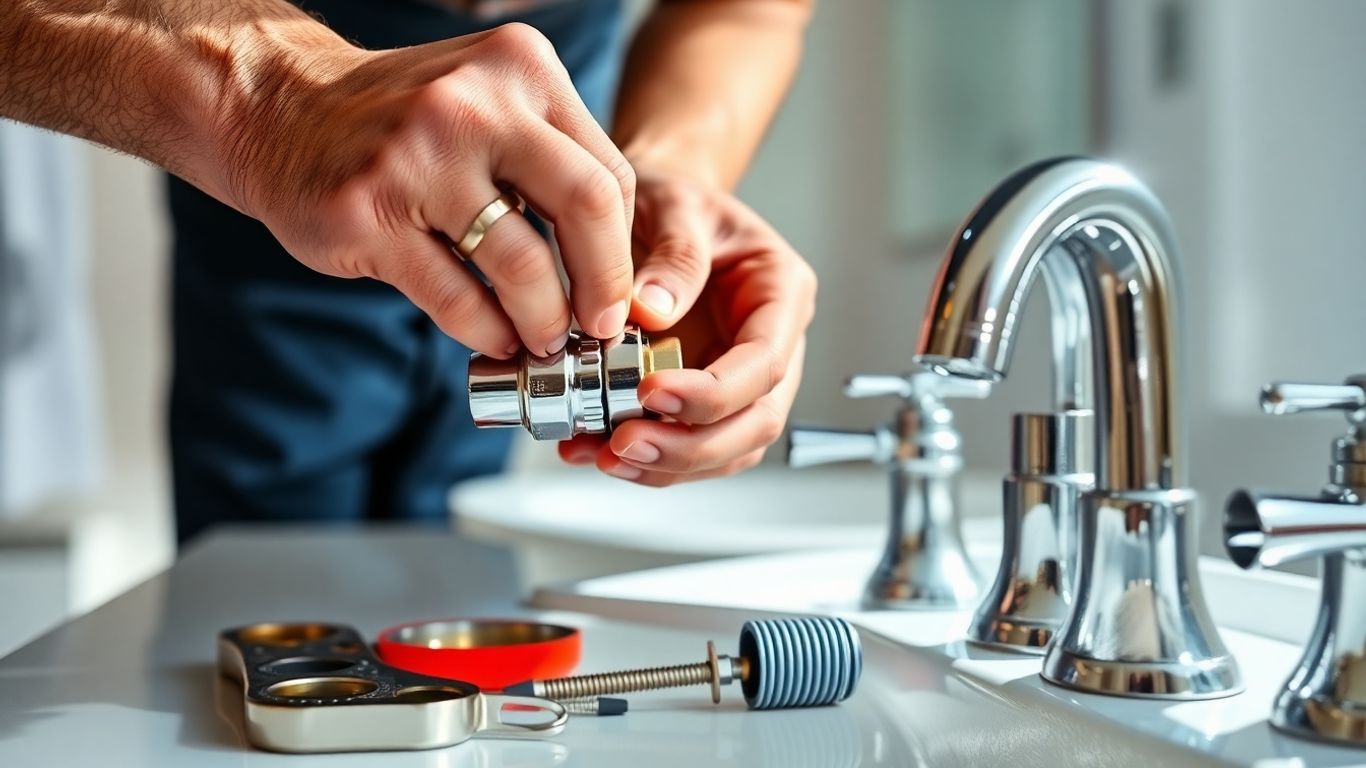 Plumber working on pipe in modern bathroom.