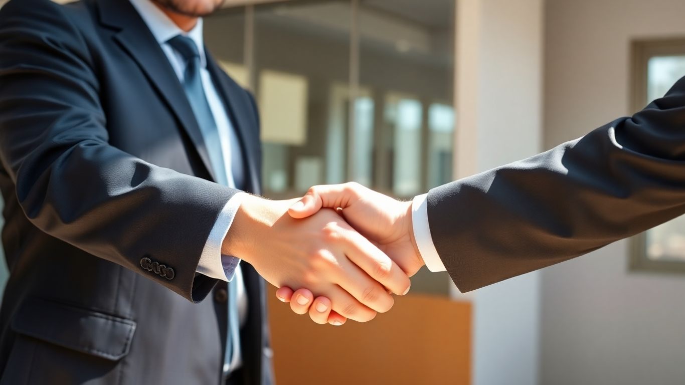 Lawyer shaking hands with a client in an office.