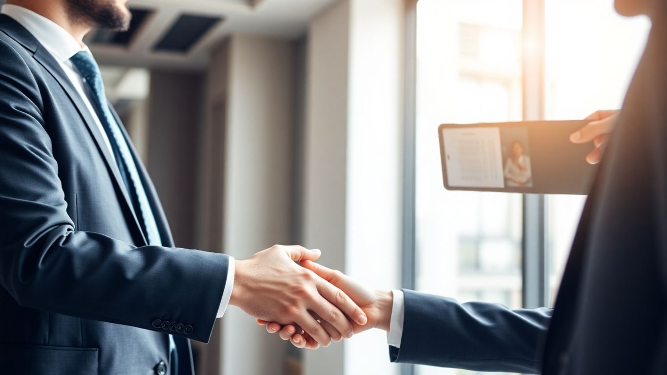 Lawyer shaking hands with a client in an office.