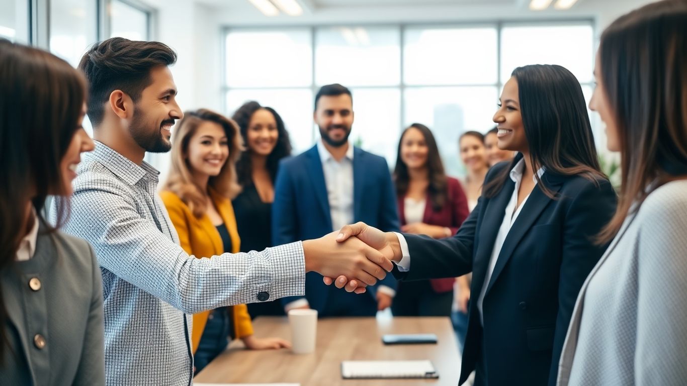 Recruiter shaking hands with a client, symbolizing successful lead generation.