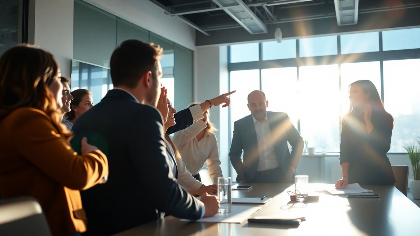 Business people collaborating in a modern office with sunlight.