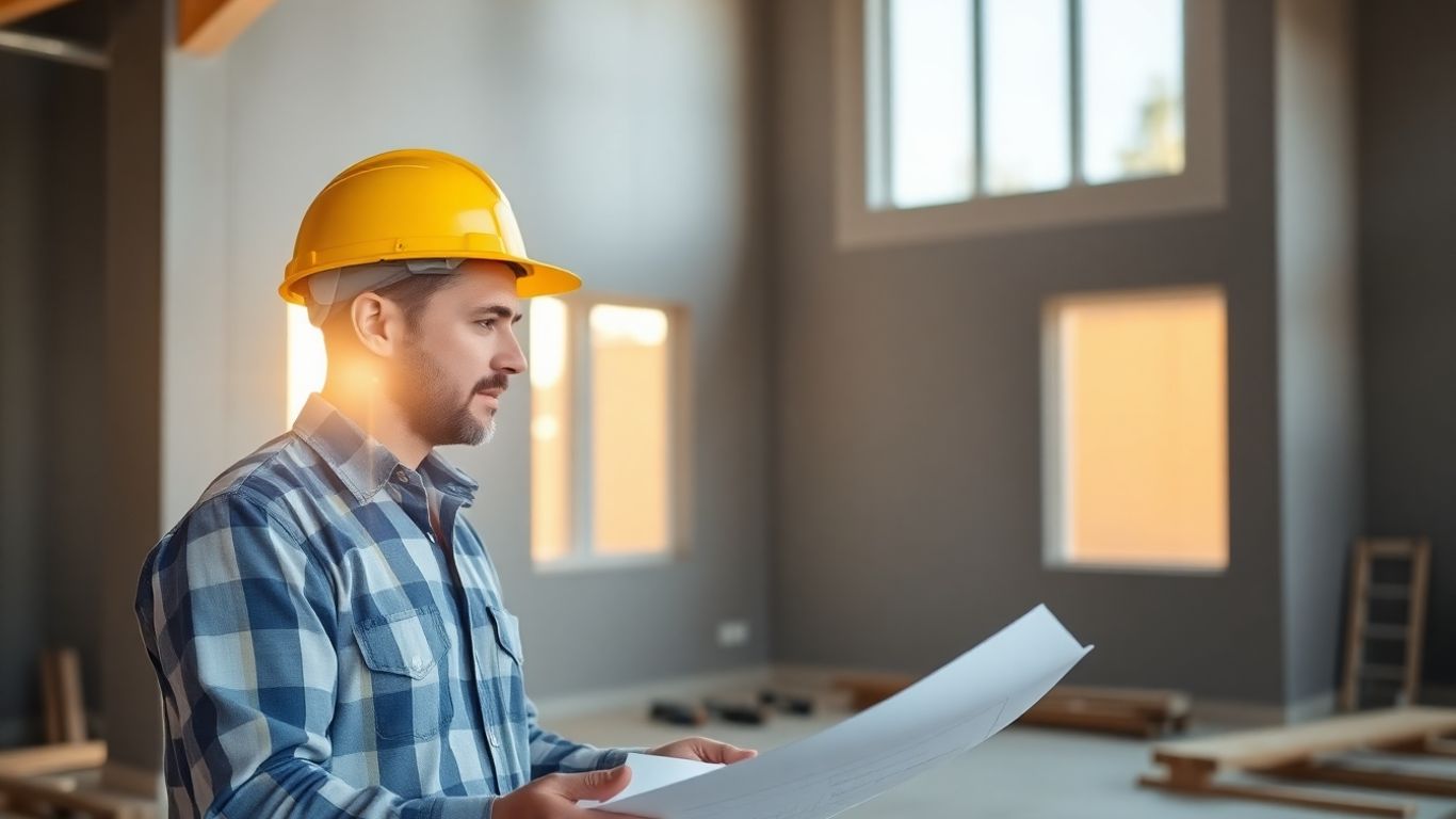Home builder reviewing blueprints at construction site.