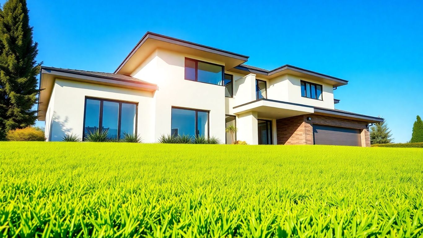 Modern home exterior with green lawn and blue sky.