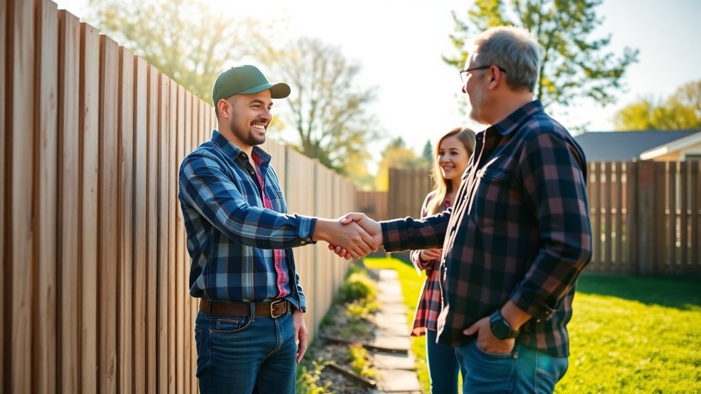 Fencing contractor shaking hands with a happy client.