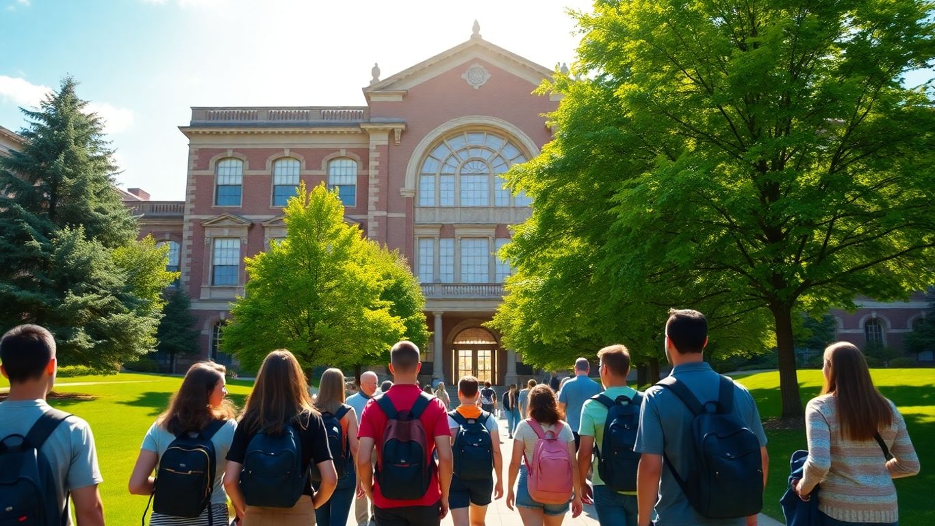 Students approaching a university building, symbolizing higher education.