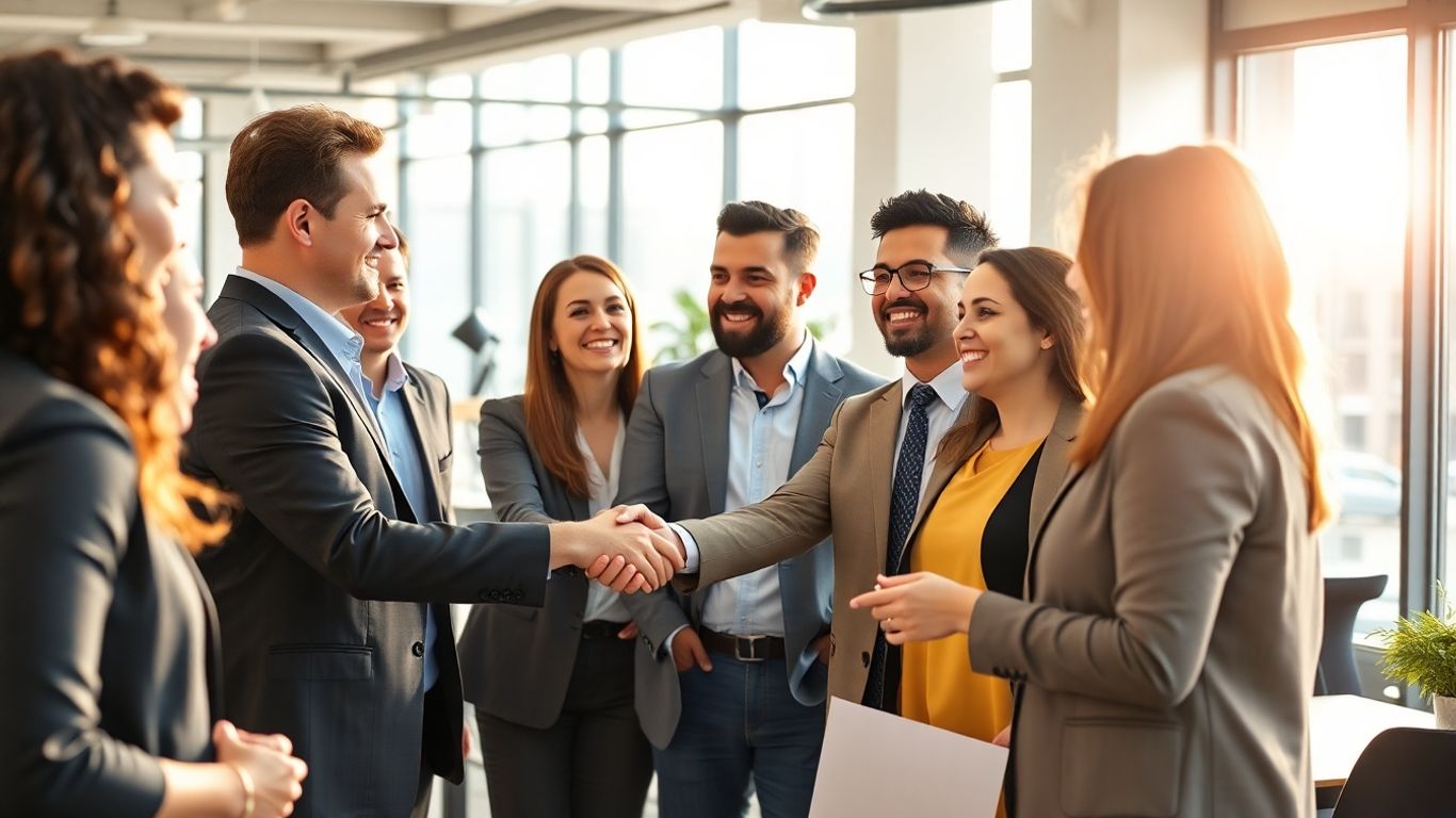 Business professionals collaborating and shaking hands in an office.