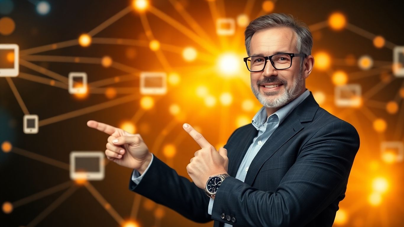 Business coach pointing at digital marketing channels for growth.