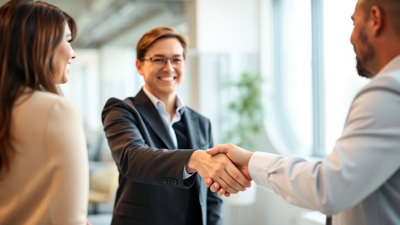 Business coach and client shaking hands, sealing a deal.