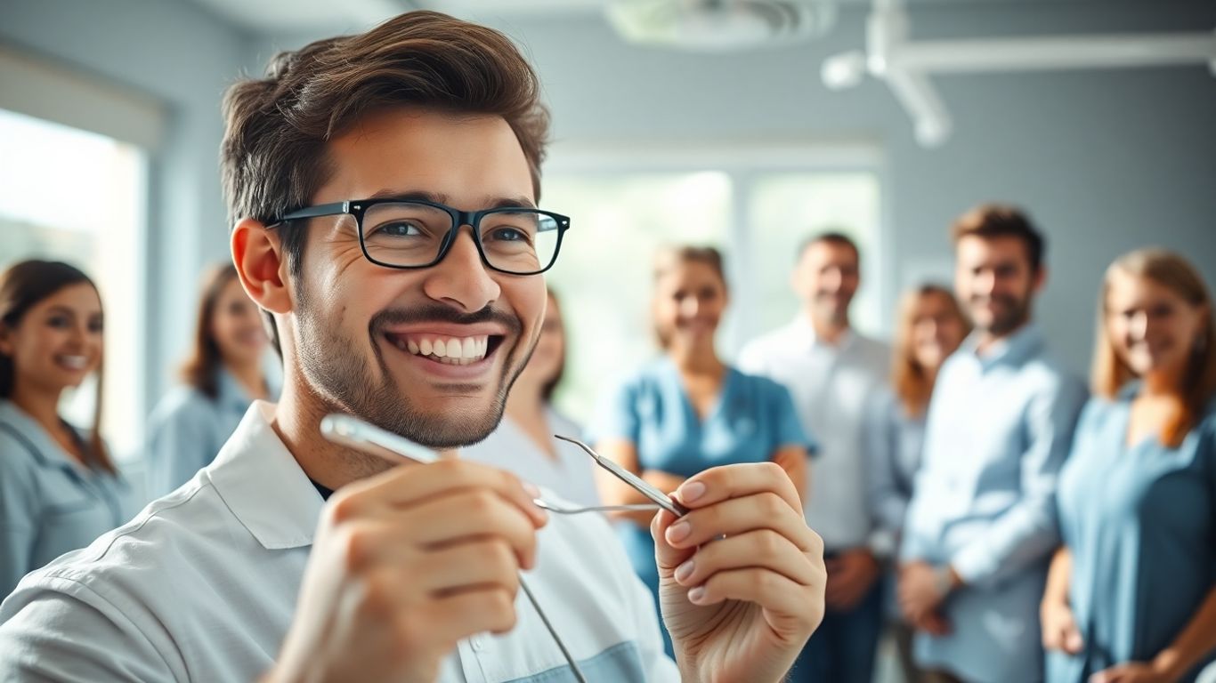 Dentist with happy patients in a modern dental office.