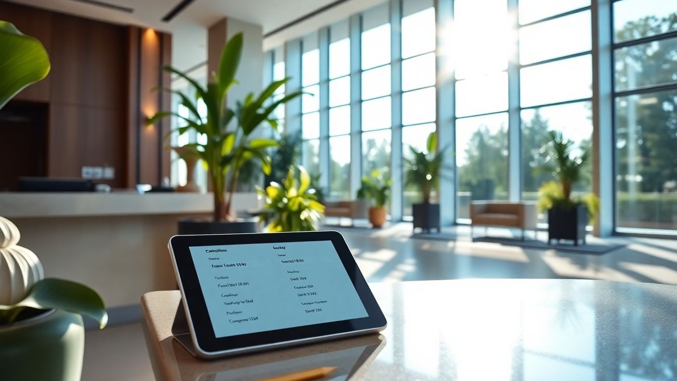 Hotel lobby with booking confirmations on a tablet.