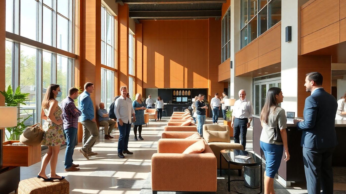 Hotel lobby with happy guests and staff