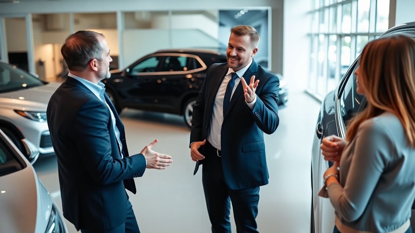 Car salesman engaging with potential clients in a showroom.