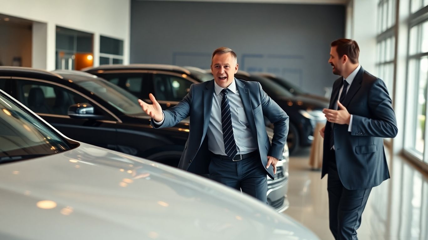 Car salesman interacting with potential buyers, automotive sales success.