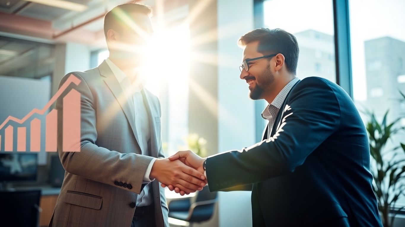 Mortgage broker shaking hands with client, growth symbols.