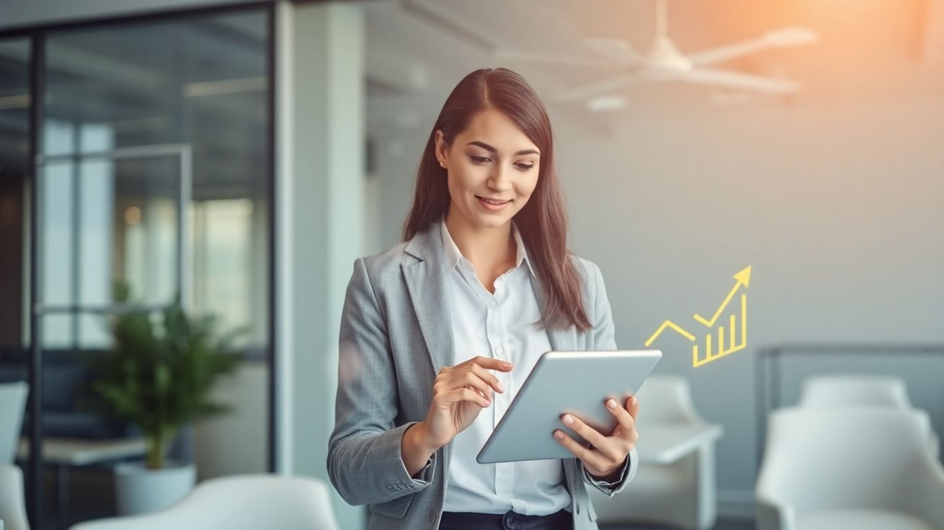 Professional engaging with digital device for social selling.