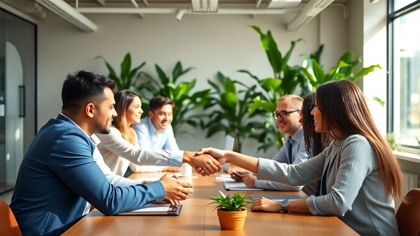 Business professionals shaking hands in a bright office.