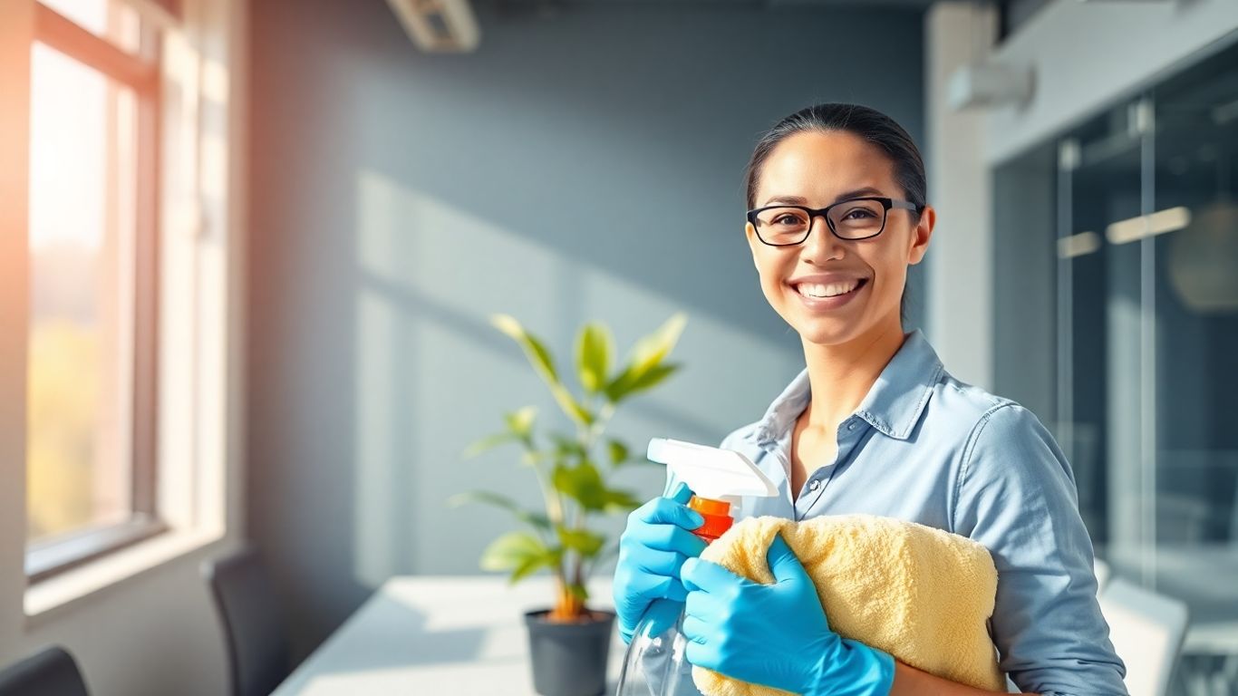 Cleaning professional with supplies in a bright office.