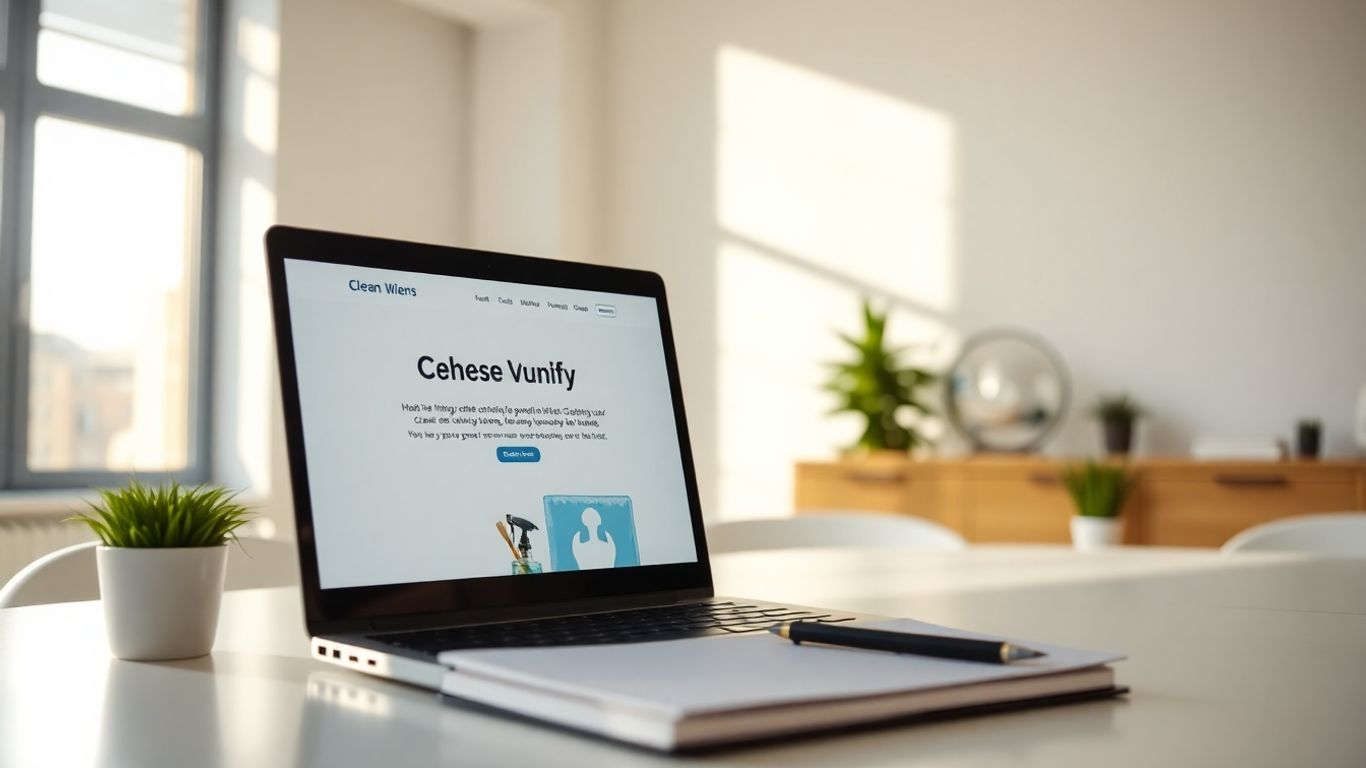 Laptop on desk with cleaning company website.