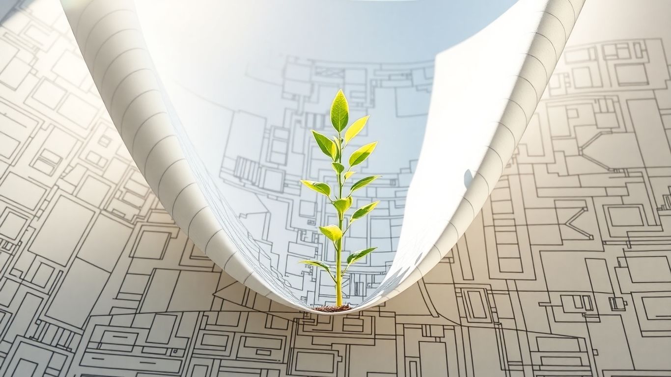 Architectural blueprint with a green sprout growing.
