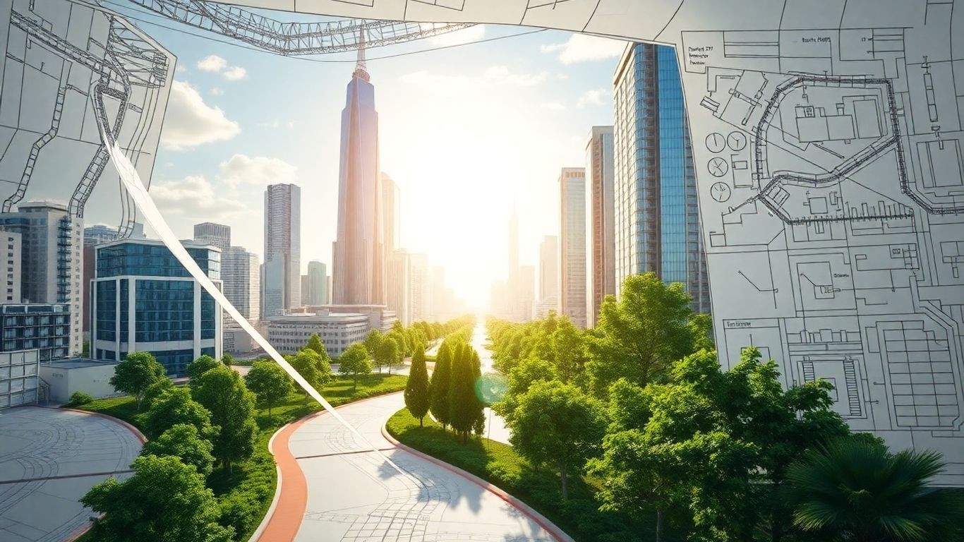 Architectural blueprint with cityscape and sunlight