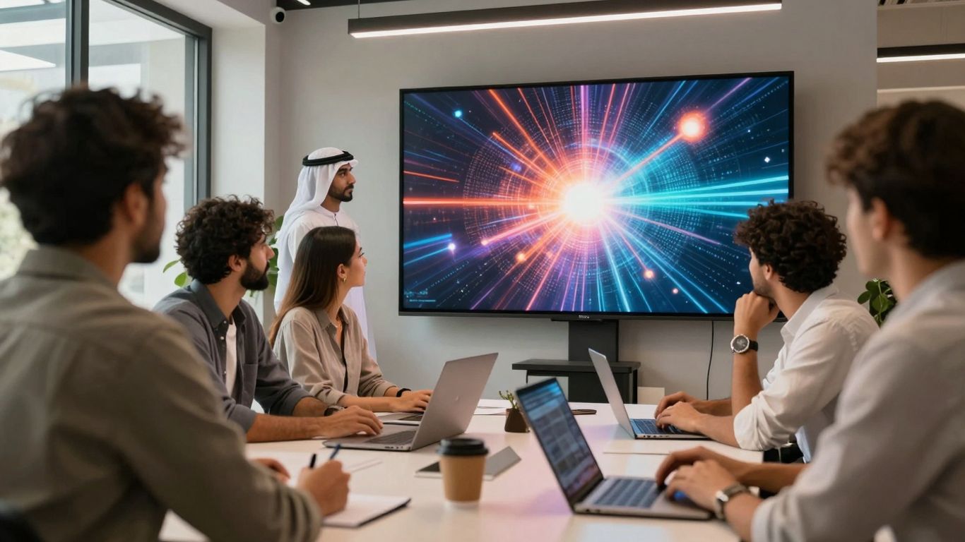 Team collaborating in a modern office with digital display.