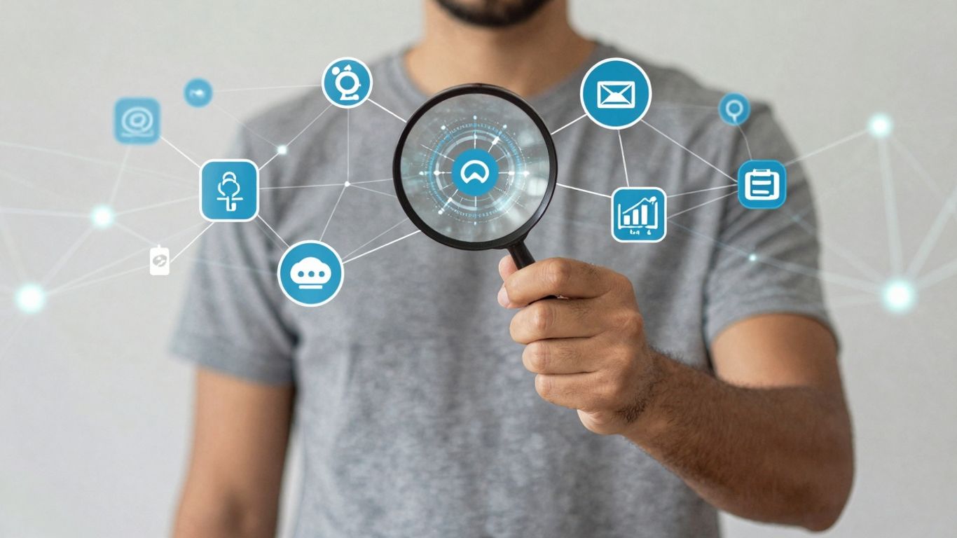 Affiliate marketing network diagram with magnifying glass.