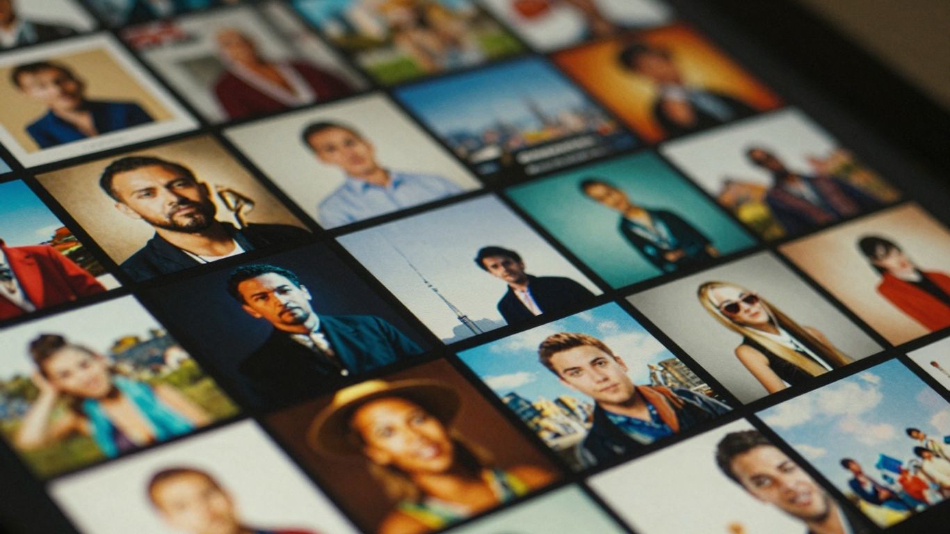 Digital display with a collage of images.