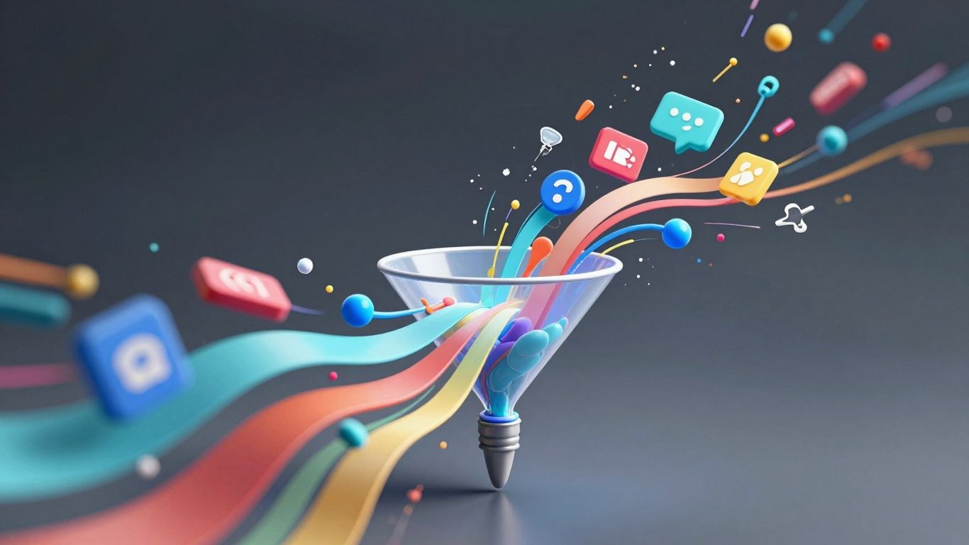 Abstract funnel marketing flow with digital elements.