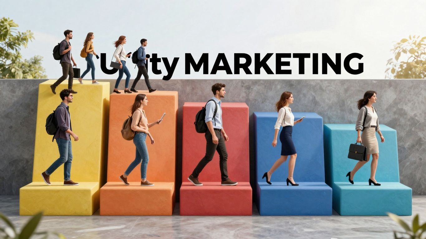 Funnel marketing stages with people moving through them.