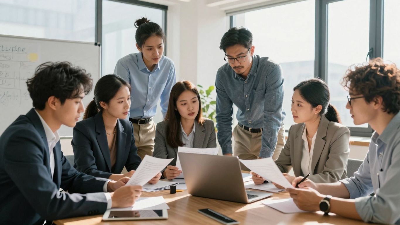 Business professionals collaborating in a bright, modern office.