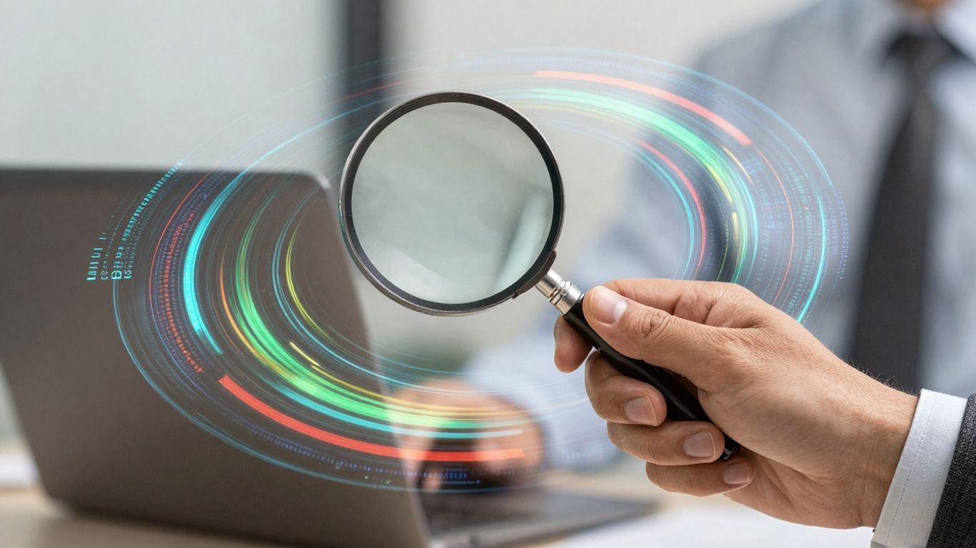 Magnifying glass over colorful digital data streams.