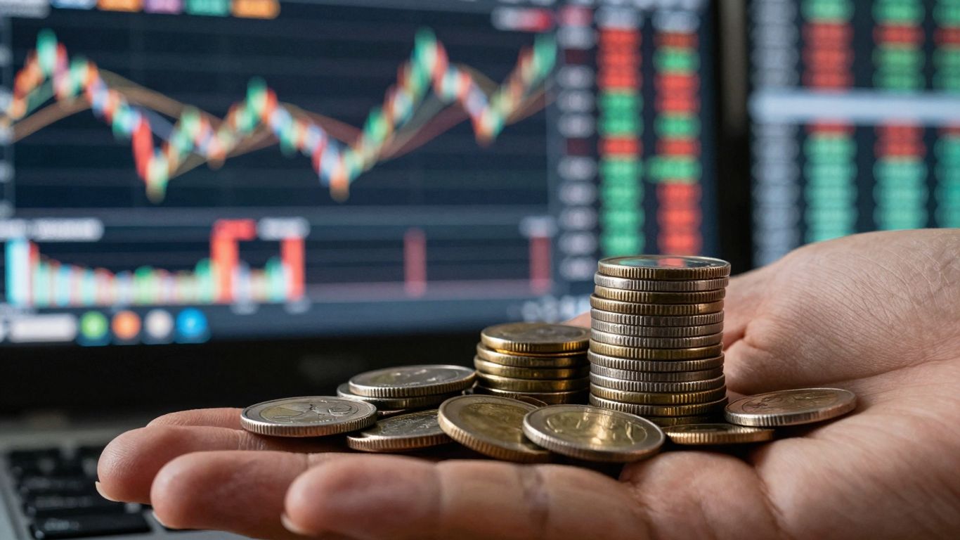 Hand holding coins with financial data screens blurred.