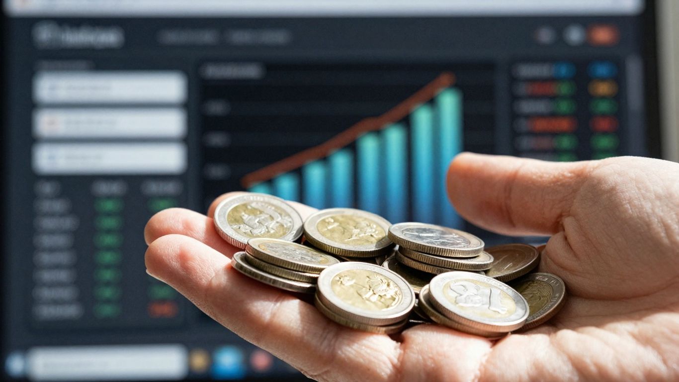 Hand holding coins with blurred ad interfaces background.