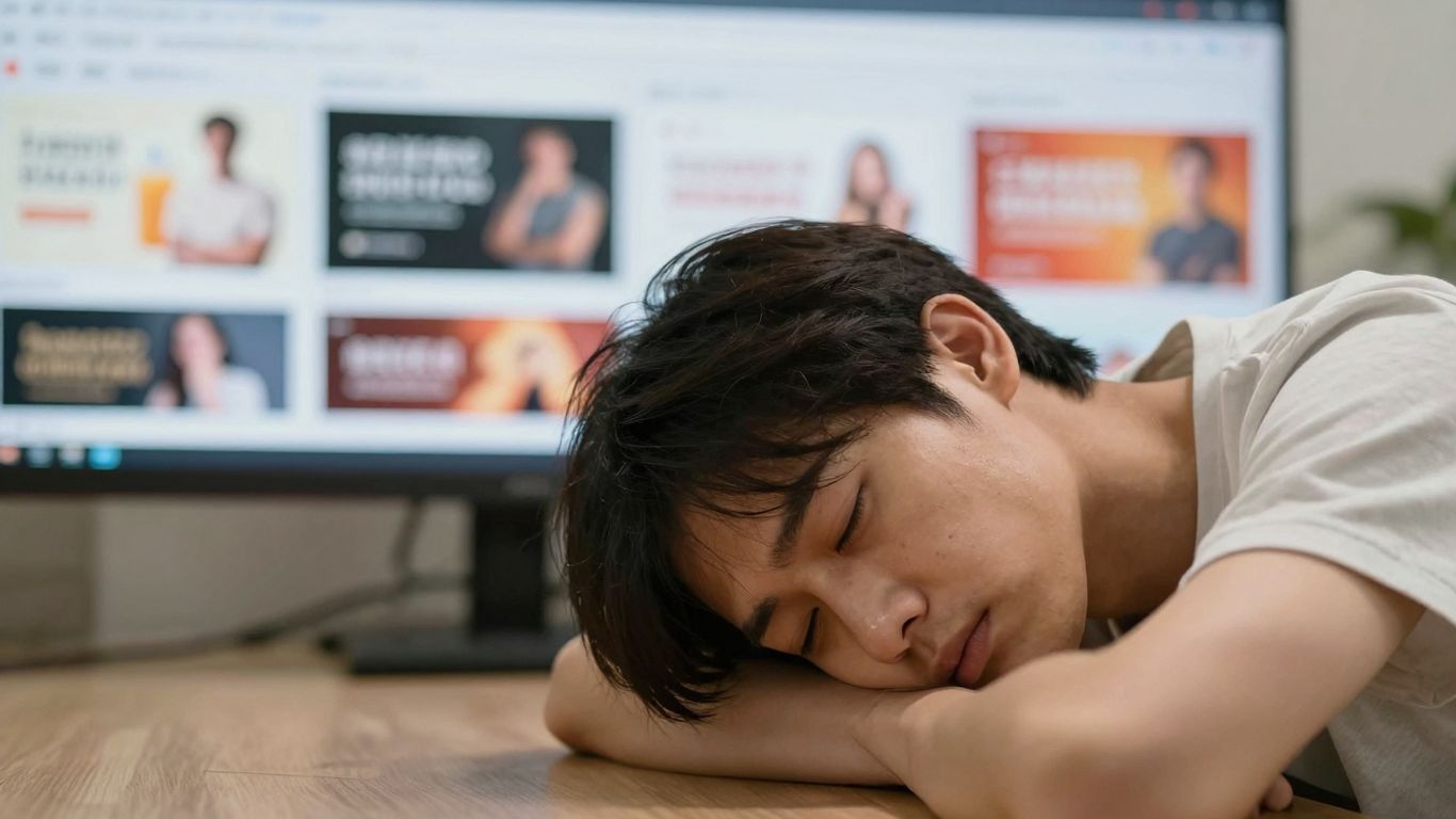 Person looking tired at repetitive advertisement on screen.