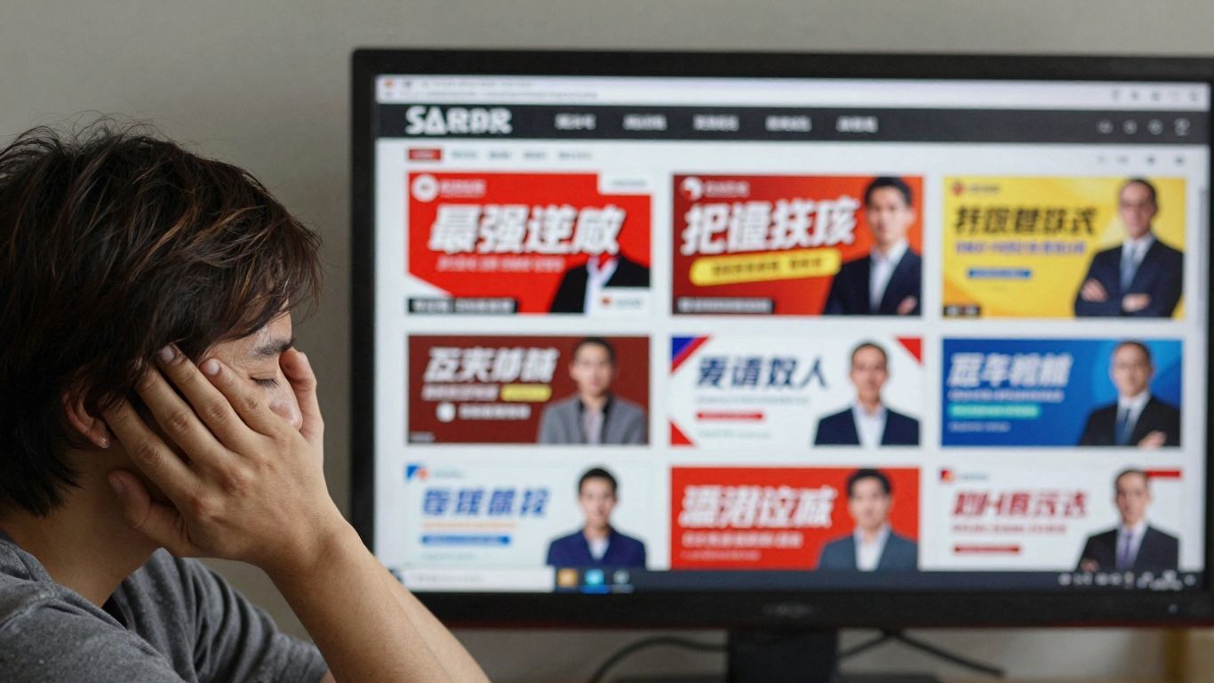 Person looking tired at repetitive ad on screen.