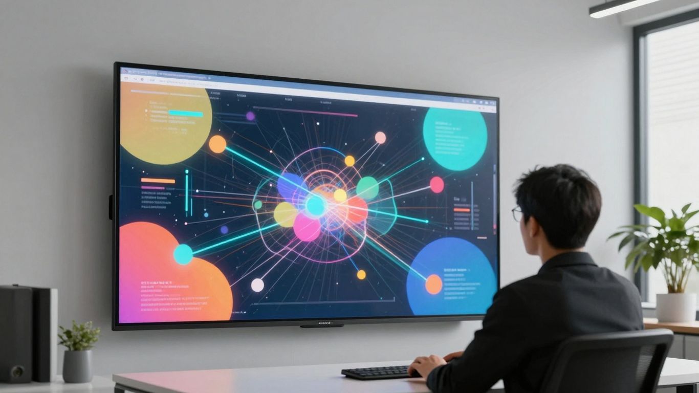 Marketing dashboard visuals with abstract data connections.