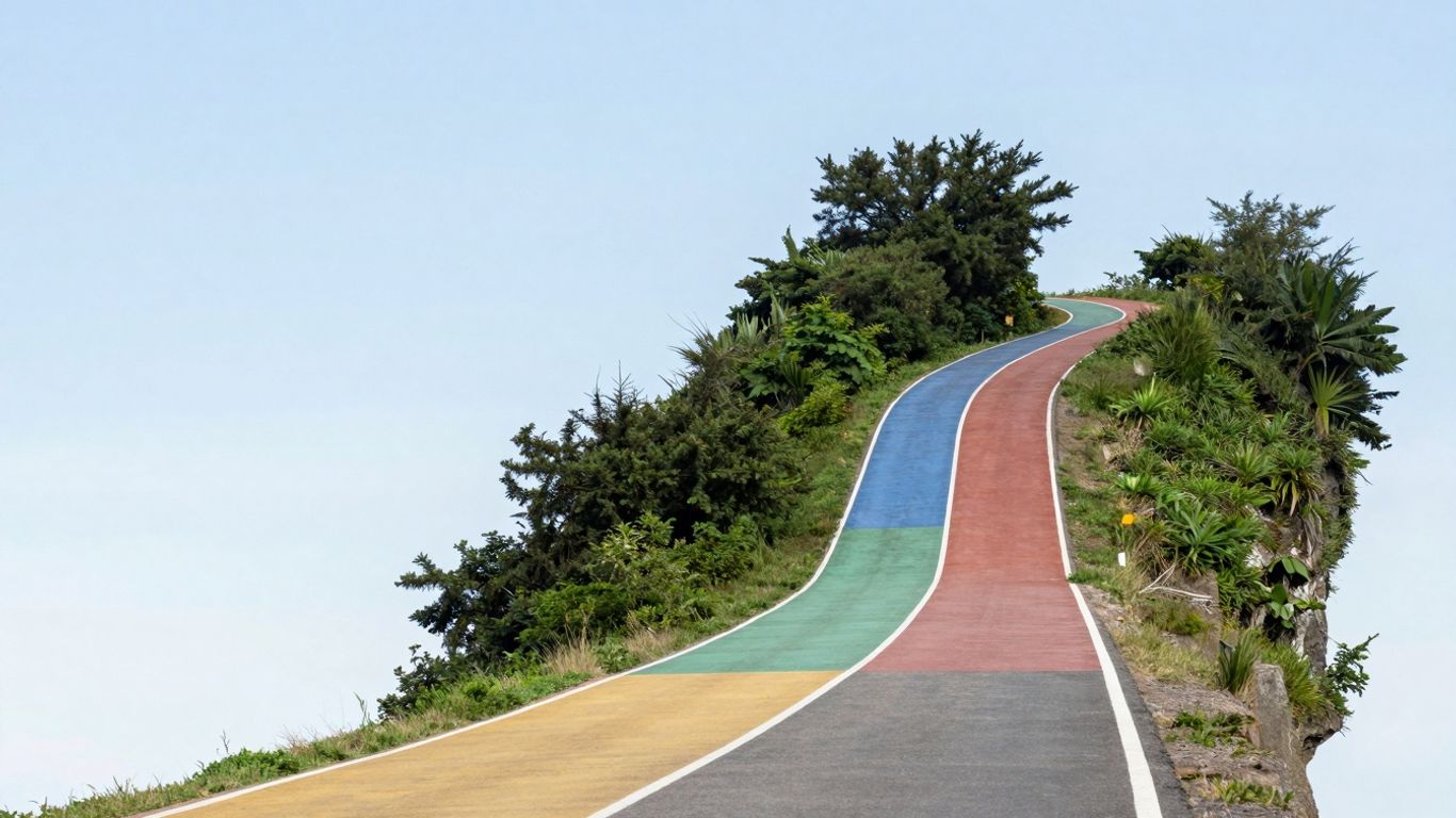 A winding path opens into a broad road for growth.