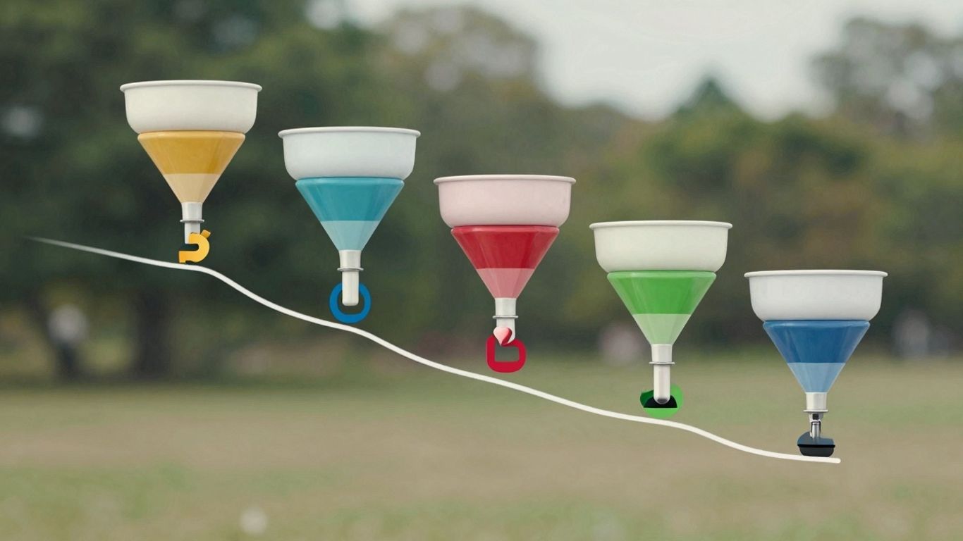 Marketing funnel stages with visual progression and growth.