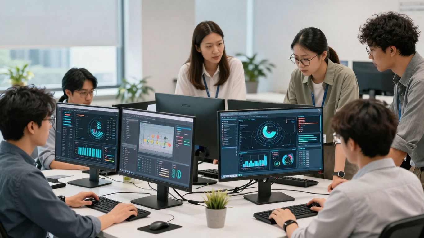 Digital interfaces on screens in an office setting.