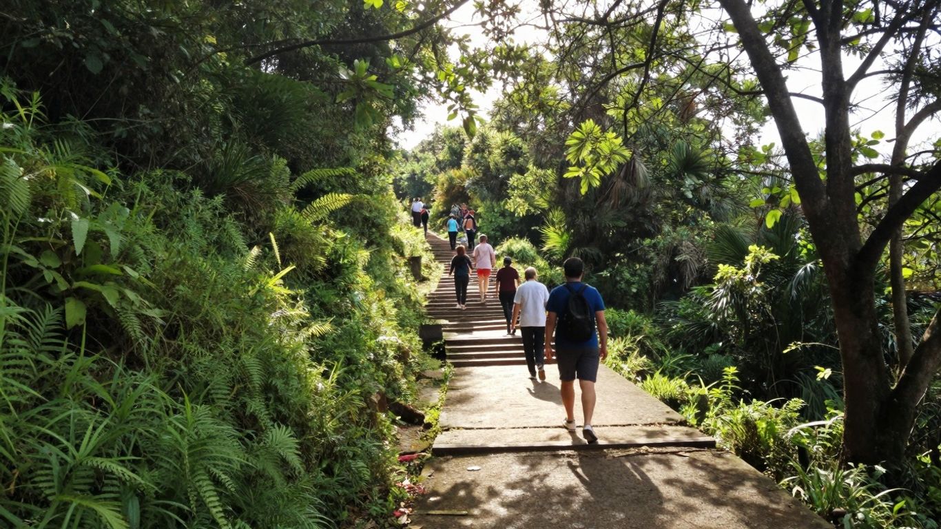 Path ascending through a sunlit, green landscape.
