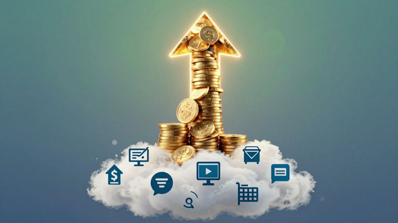 Business growth with marketing icons and golden coins.