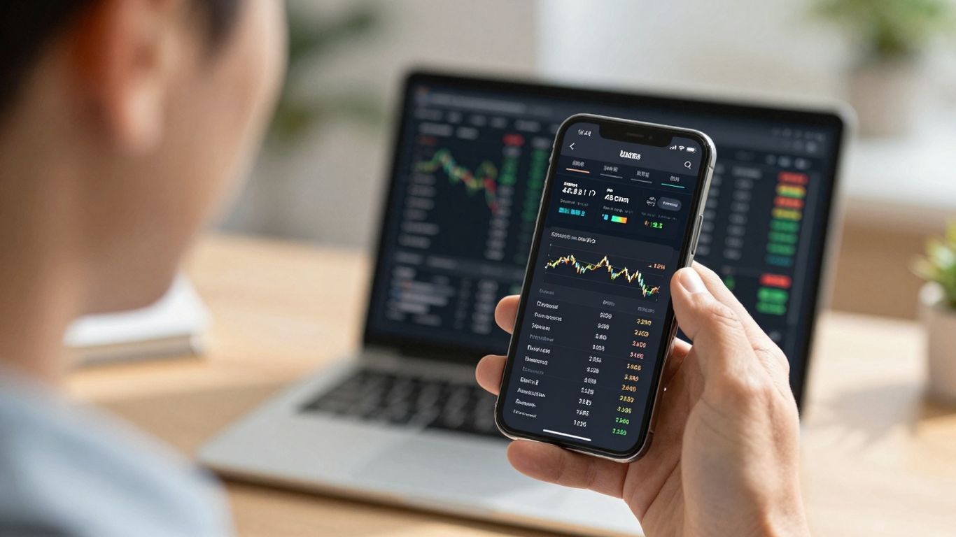 Hand holding phone with ad spend tracker interface.