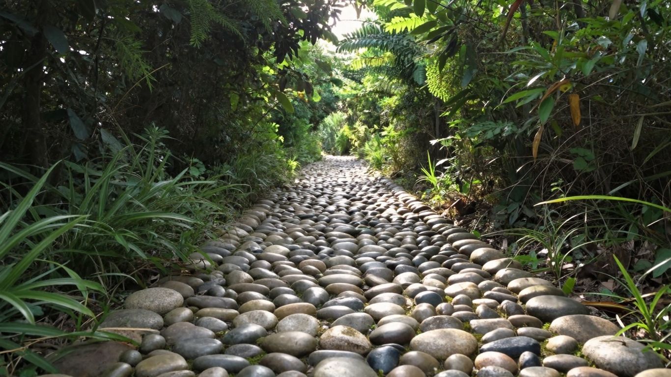 Upward path with green foliage and sunlight.