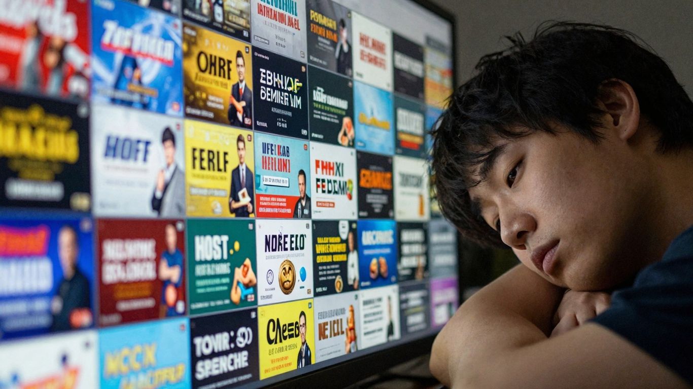 Person overwhelmed by digital advertisements on a screen.