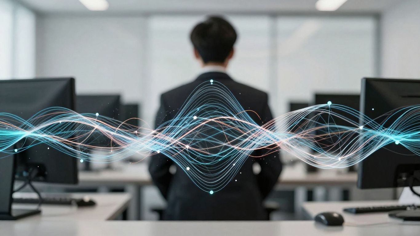 Abstract digital interface with glowing lines and nodes.