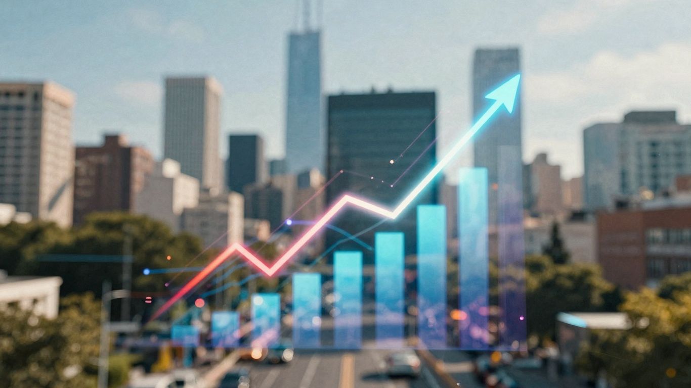 Digital ad performance growth with abstract shapes and light trails.