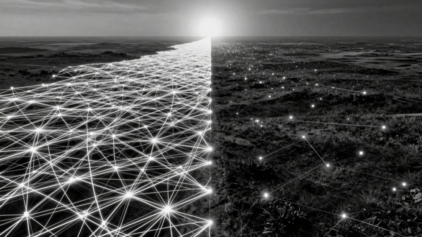 Two paths diverging, one complex, one broad.