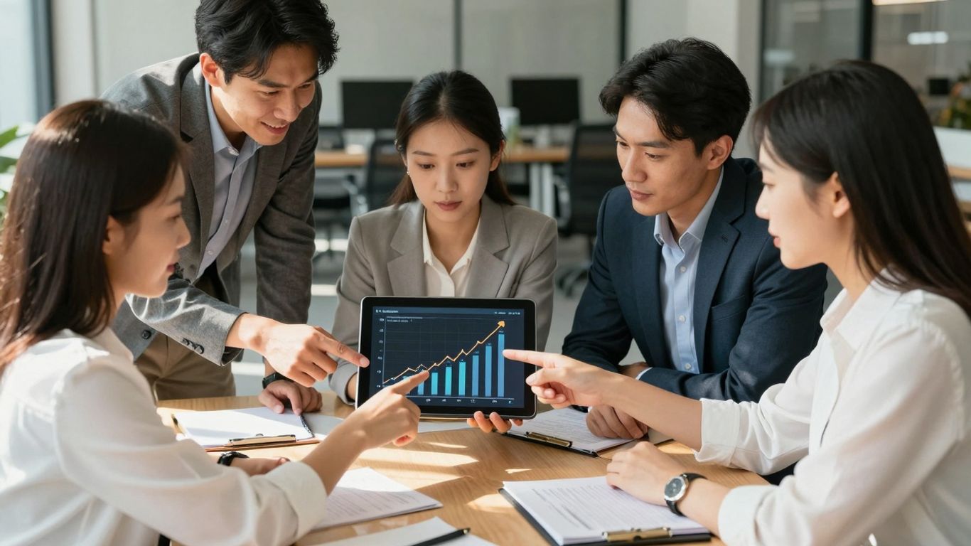 Team planning marketing strategy with upward trending charts.